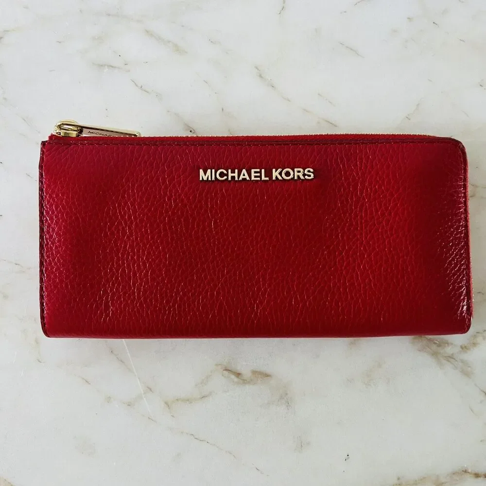 MICHAEL KORS Jet Set Travel Scarlet Leather Three Quarter Zip Continental Wallet